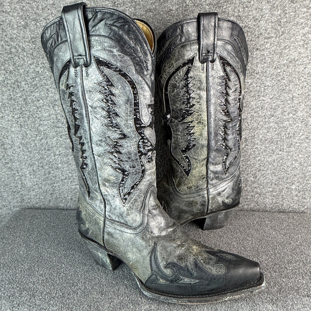 Corral Distressed Gray/Black Leather Sequin Wing Inlay Western Boots Snip Toe